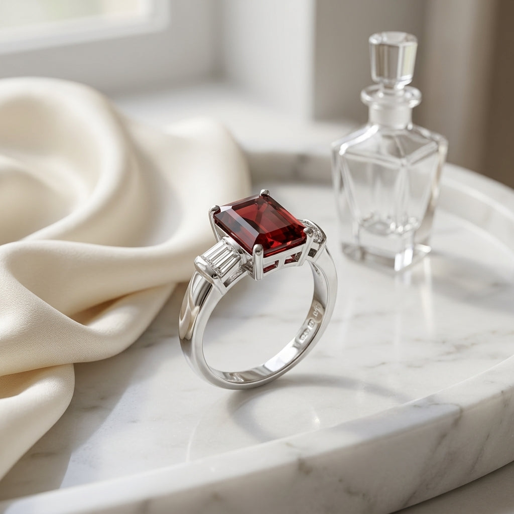 Rhodolite Garnet And Diamond Ring In 14k White Gold (9x7mm) — atelier still life