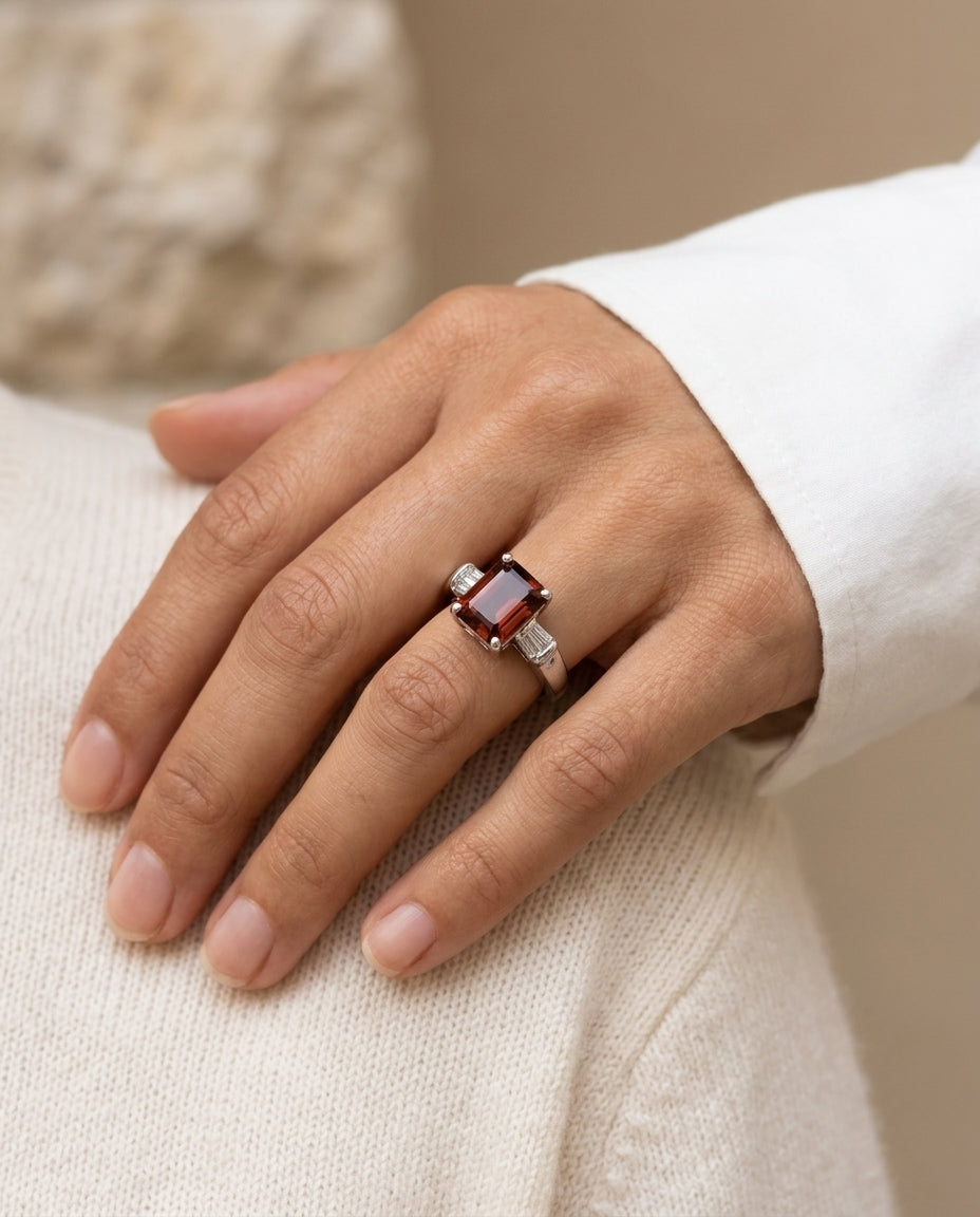 Rhodolite Garnet And Diamond Ring In 14k White Gold (9x7mm) — editorial close-up
