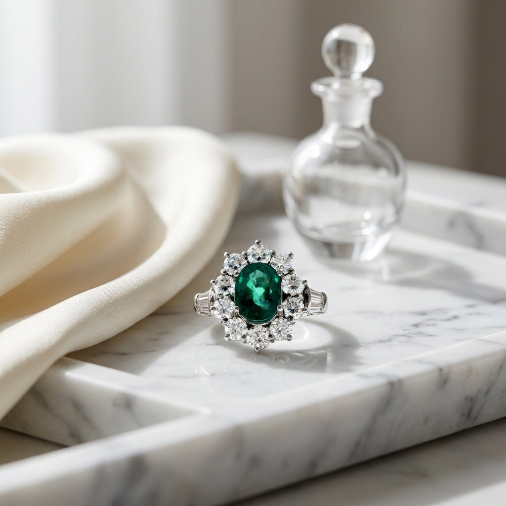 Created Emerald And Diamond Flower Ring In 14k White Gold — atelier still life