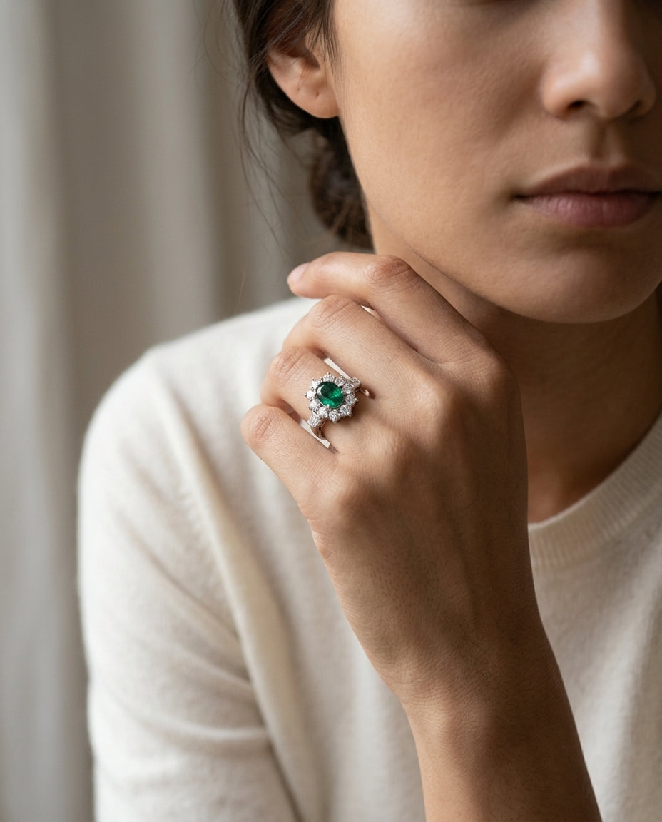 Created Emerald And Diamond Flower Ring In 14k White Gold — editorial close-up