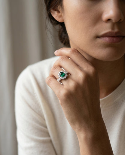 Created Emerald And Diamond Flower Ring In 14k White Gold — editorial close-up