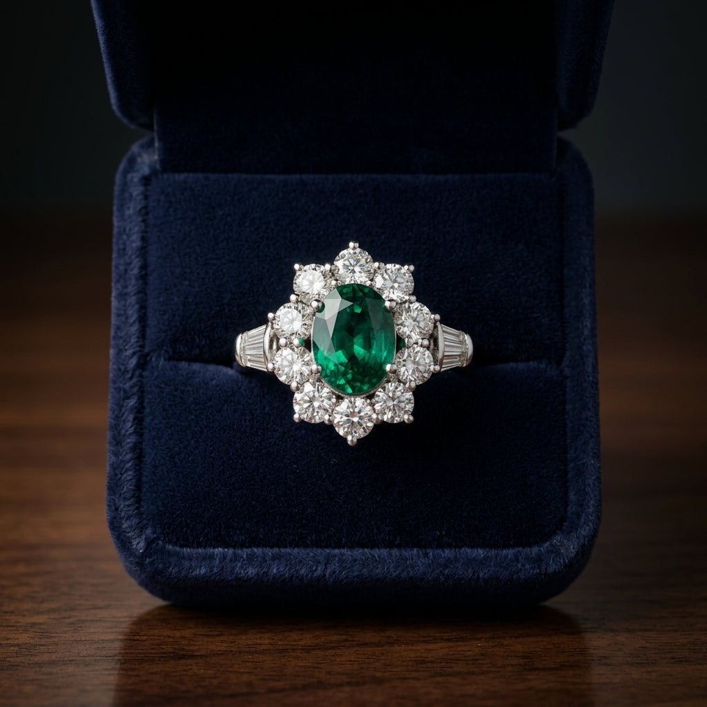 Created Emerald And Diamond Flower Ring In 14k White Gold — gift presentation