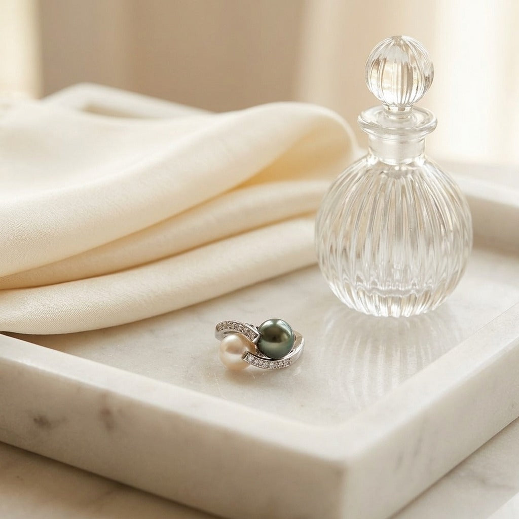 Black South Sea Pearl And White Akoya Pearl Ring In 14k White Gold — marble silk