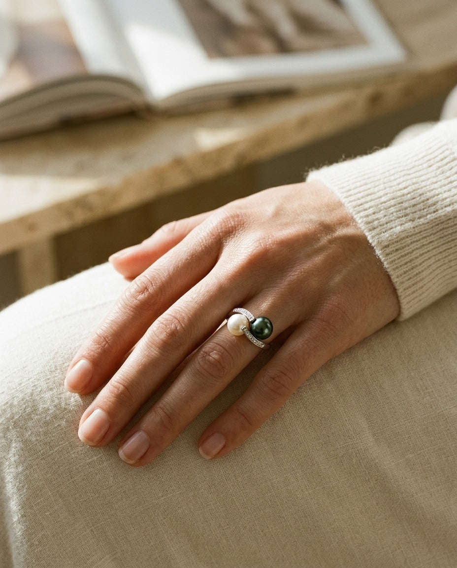 Black South Sea Pearl And White Akoya Pearl Ring In 14k White Gold — portrait close