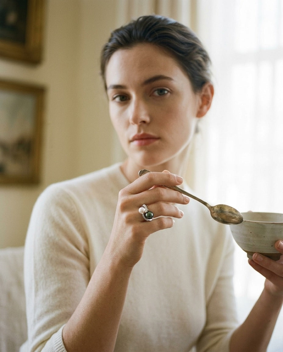 Black South Sea Pearl And White Akoya Pearl Ring In 14k White Gold — portrait full