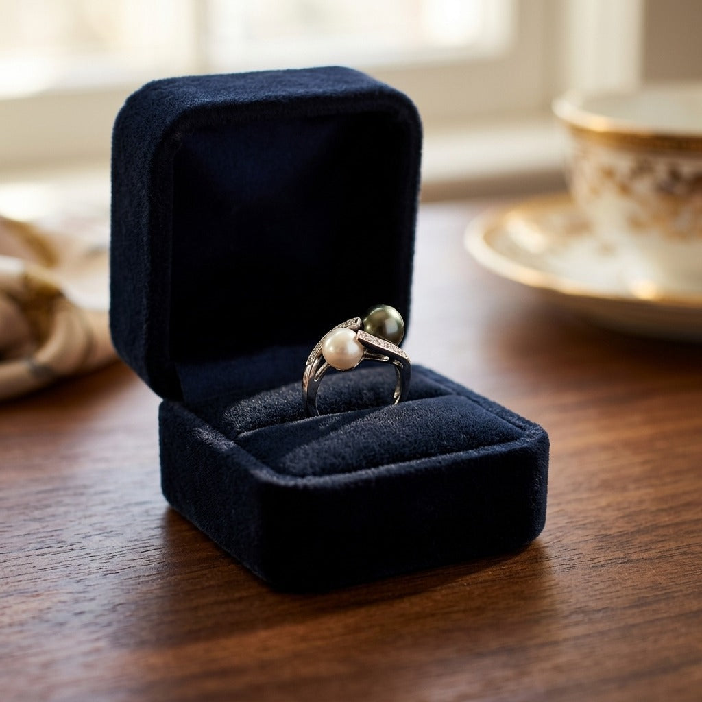 Black South Sea Pearl And White Akoya Pearl Ring In 14k White Gold — velvet box