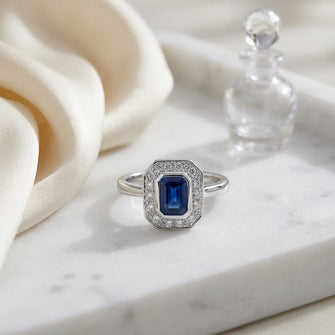 Sapphire And Diamond Bezel Emerald Cut Halo Ring In 14k White Gold — atelier still life