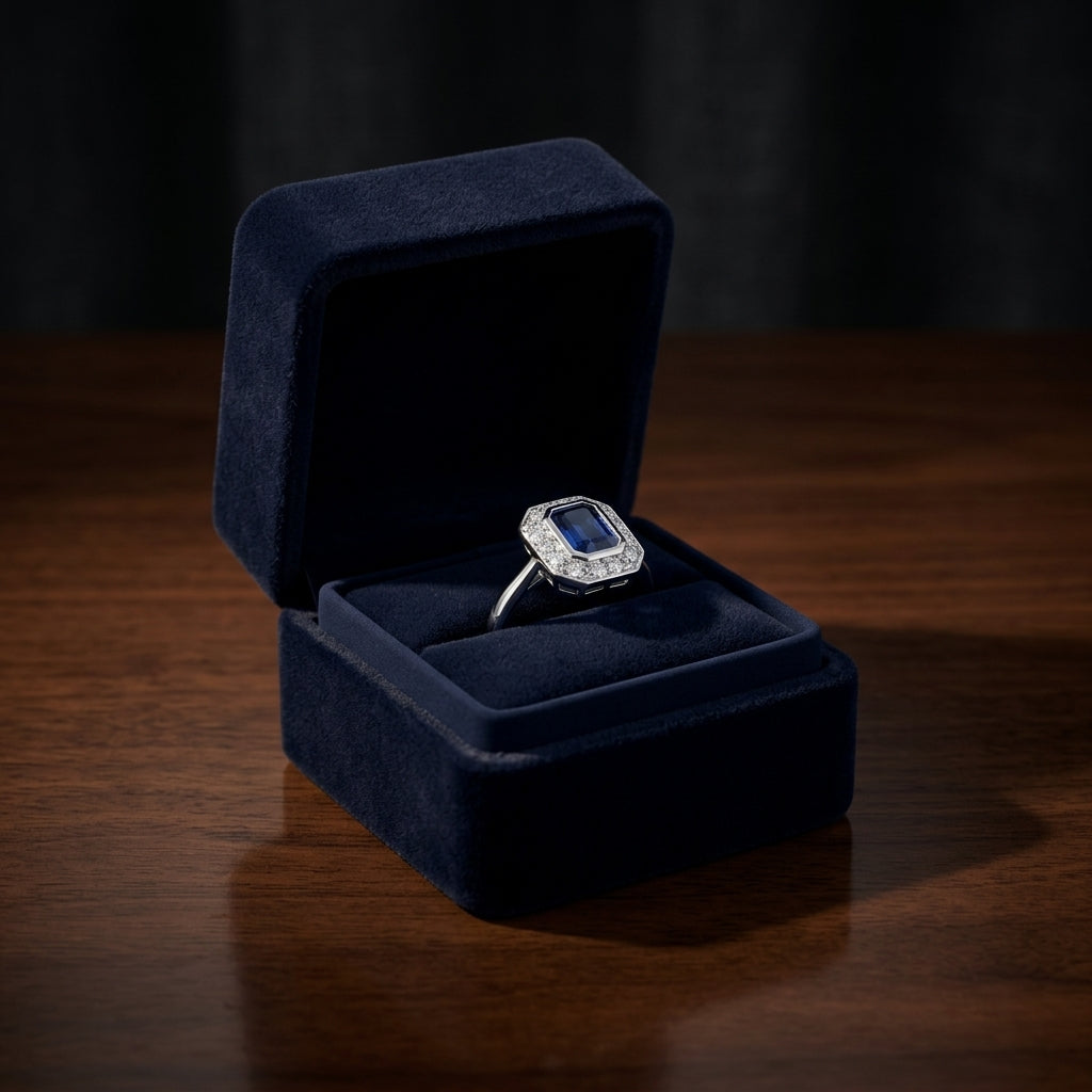 Sapphire And Diamond Bezel Emerald Cut Halo Ring In 14k White Gold — gift presentation