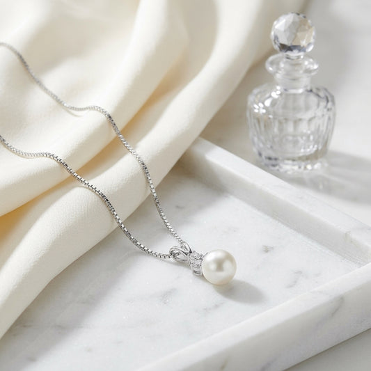 White Pearl And Diamond Pendant With Floral Cluster Top And Pave Tapered Bail In 14k White Gold (8.5-9mm) — atelier still life