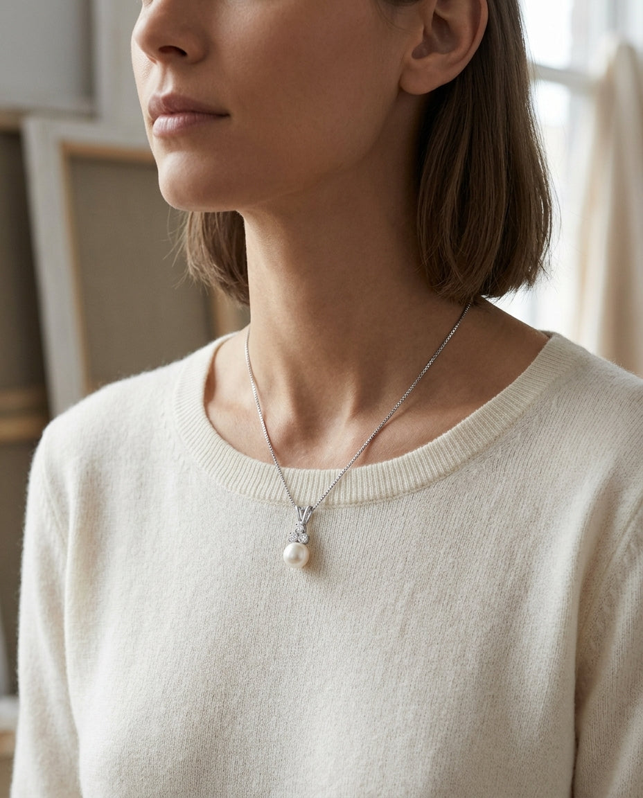 White Pearl And Diamond Pendant With Floral Cluster Top And Pave Tapered Bail In 14k White Gold (8.5-9mm) — editorial close-up