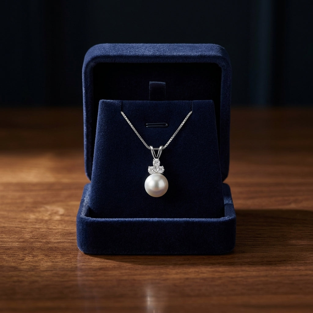 White Pearl And Diamond Pendant With Floral Cluster Top And Pave Tapered Bail In 14k White Gold (8.5-9mm) — gift presentation