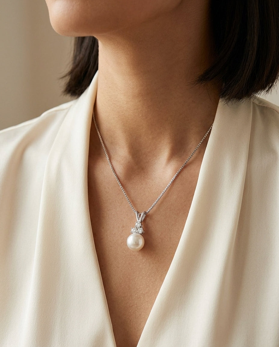 White Pearl & Diamond 14k Pendant — editorial close-up