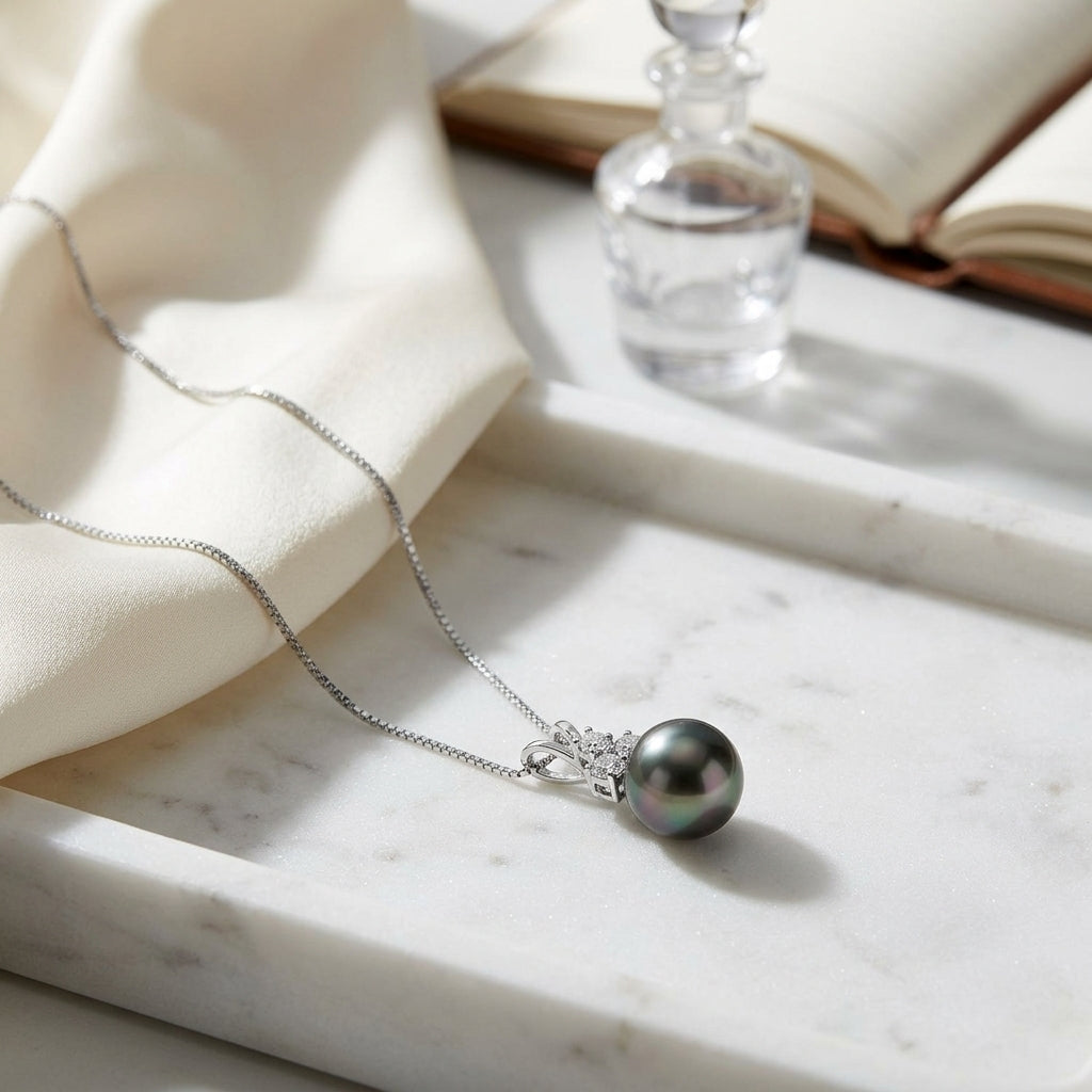 Black Tahitian Pearl And Diamond Drop Pendant 14k White Gold (17-in Box Chain) — atelier still life