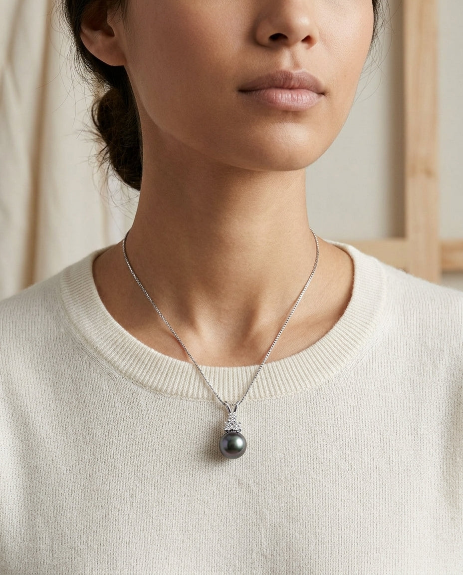 Black Tahitian Pearl And Diamond Drop Pendant 14k White Gold (17-in Box Chain) — editorial close-up