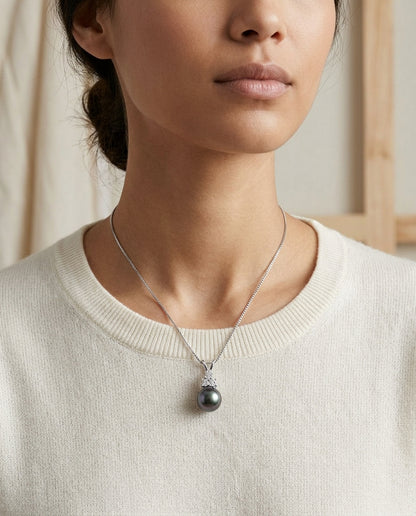 Black Tahitian Pearl And Diamond Drop Pendant 14k White Gold (17-in Box Chain) — editorial close-up