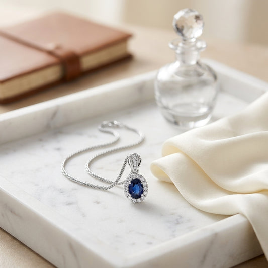 Sapphire And Diamond Oval Princess Pendant In 14k White Gold (18-in Wheat Chain) — atelier still life