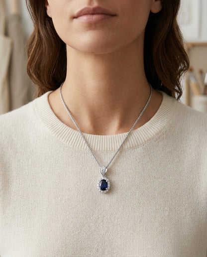 Sapphire And Diamond Oval Princess Pendant In 14k White Gold (18-in Wheat Chain) — editorial close-up