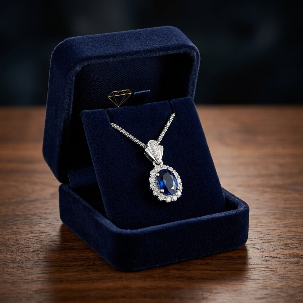 Sapphire And Diamond Oval Princess Pendant In 14k White Gold (18-in Wheat Chain) — gift presentation