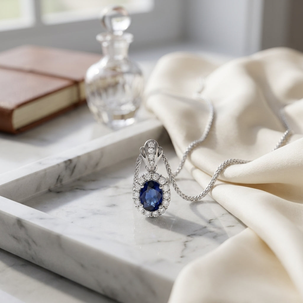 Sapphire And Diamond Oval Princess Pendant In 14k White Gold (16-in Wheat Chain) — atelier still life