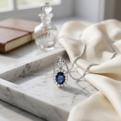 Sapphire And Diamond Oval Princess Pendant In 14k White Gold (16-in Wheat Chain) — atelier still life