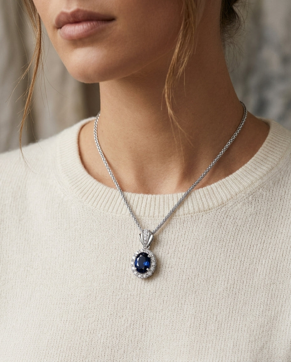 Sapphire And Diamond Oval Princess Pendant In 14k White Gold (16-in Wheat Chain) — editorial close-up