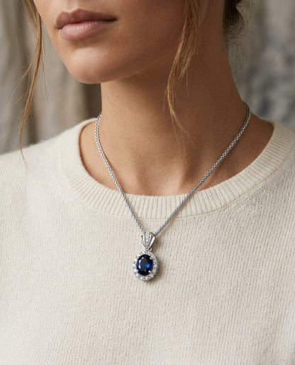 Sapphire And Diamond Oval Princess Pendant In 14k White Gold (16-in Wheat Chain) — editorial close-up