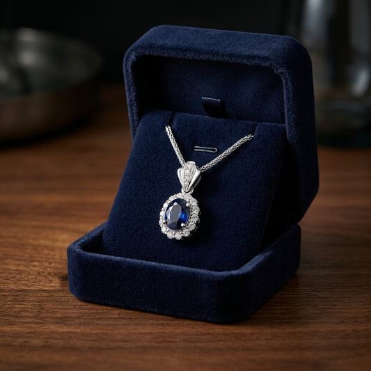 Sapphire And Diamond Oval Princess Pendant In 14k White Gold (16-in Wheat Chain) — gift presentation