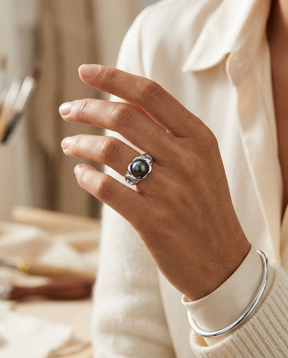 Black South Sea Pearl Ring In 14k White Gold — editorial close-up