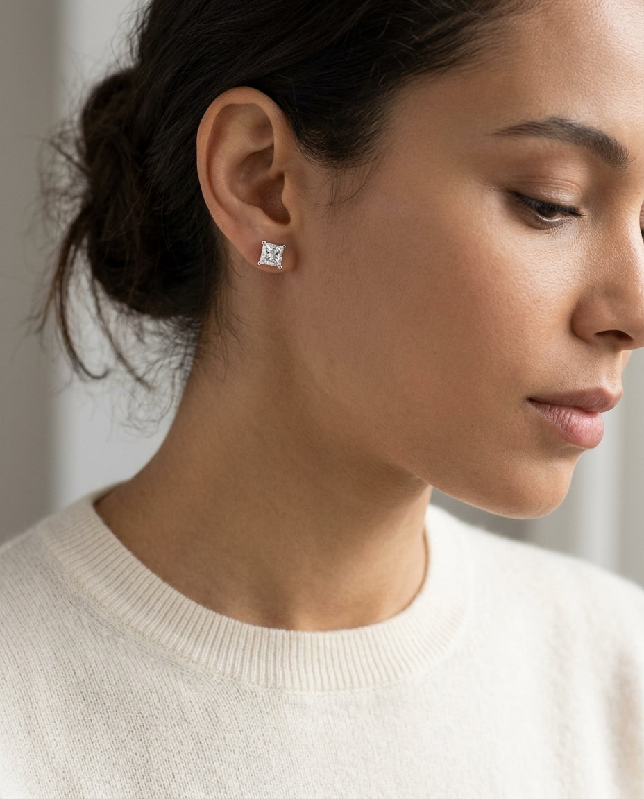 14k White Gold 4-prong Princess Diamond Stud Earrings (0.52 Ct. T.w., Vs1-vs2 Clarity, F-g Color) — editorial close-up