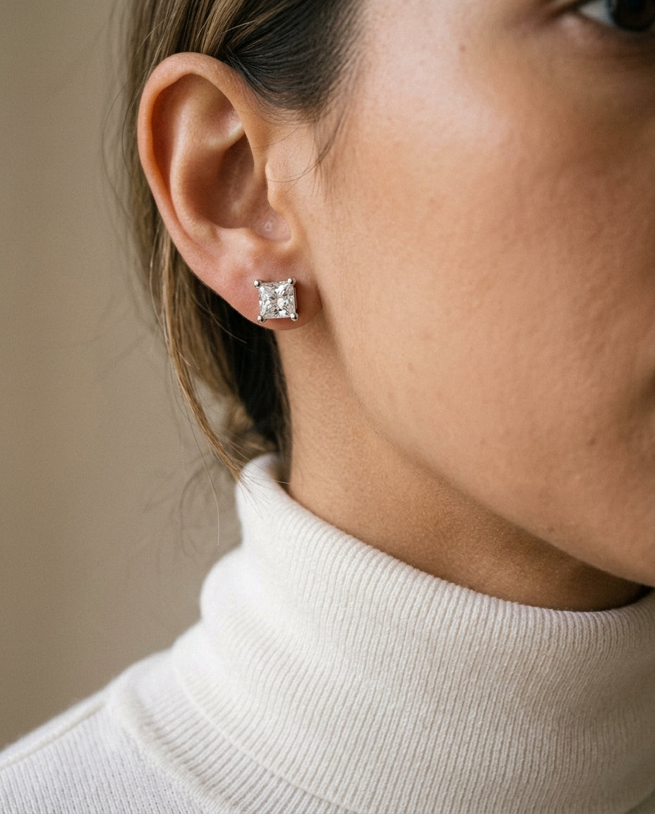 14k White Gold 4-prong Princess Diamond Stud Earrings (0.75 Ct. T.w., Vs1-vs2 Clarity, H-i Color) — editorial close-up