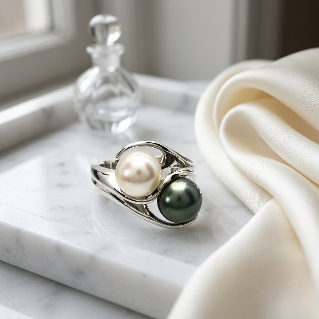 Black South Sea Pearl And Whte Akoya Pearl Bypass Ring In 14k White Gold — atelier still life