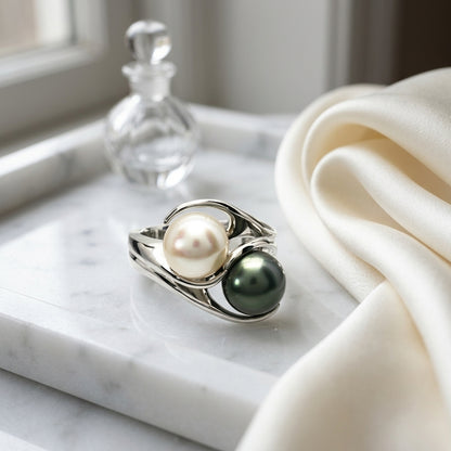 Black South Sea Pearl And Whte Akoya Pearl Bypass Ring In 14k White Gold — atelier still life