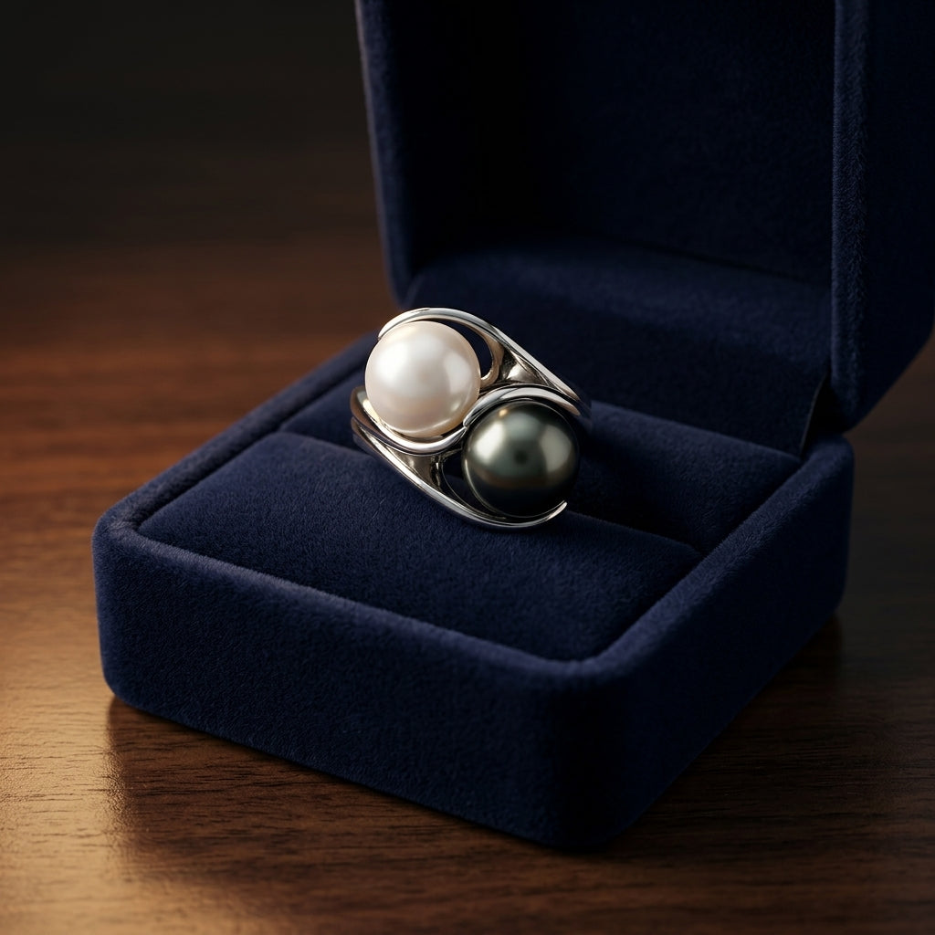 Black South Sea Pearl And Whte Akoya Pearl Bypass Ring In 14k White Gold — gift presentation