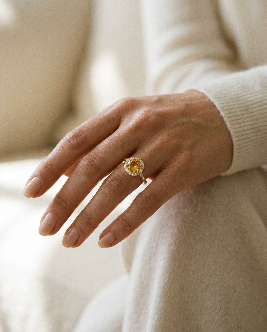 Citrine And Diamond Halo Ring In 14k Yellow Gold 1/4ctw — portrait close