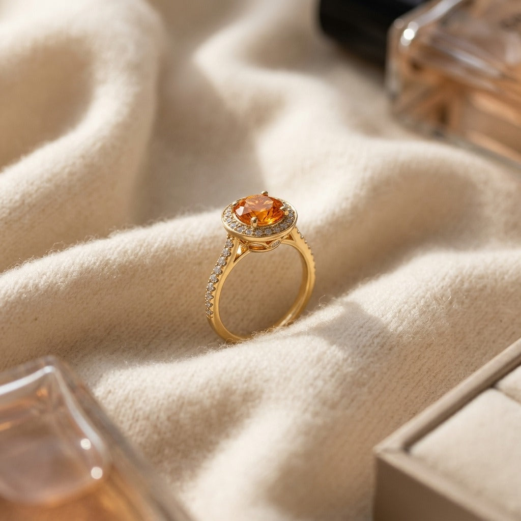 Citrine And Diamond Halo Ring In 14k Yellow Gold 1/4ctw — textile flat lay