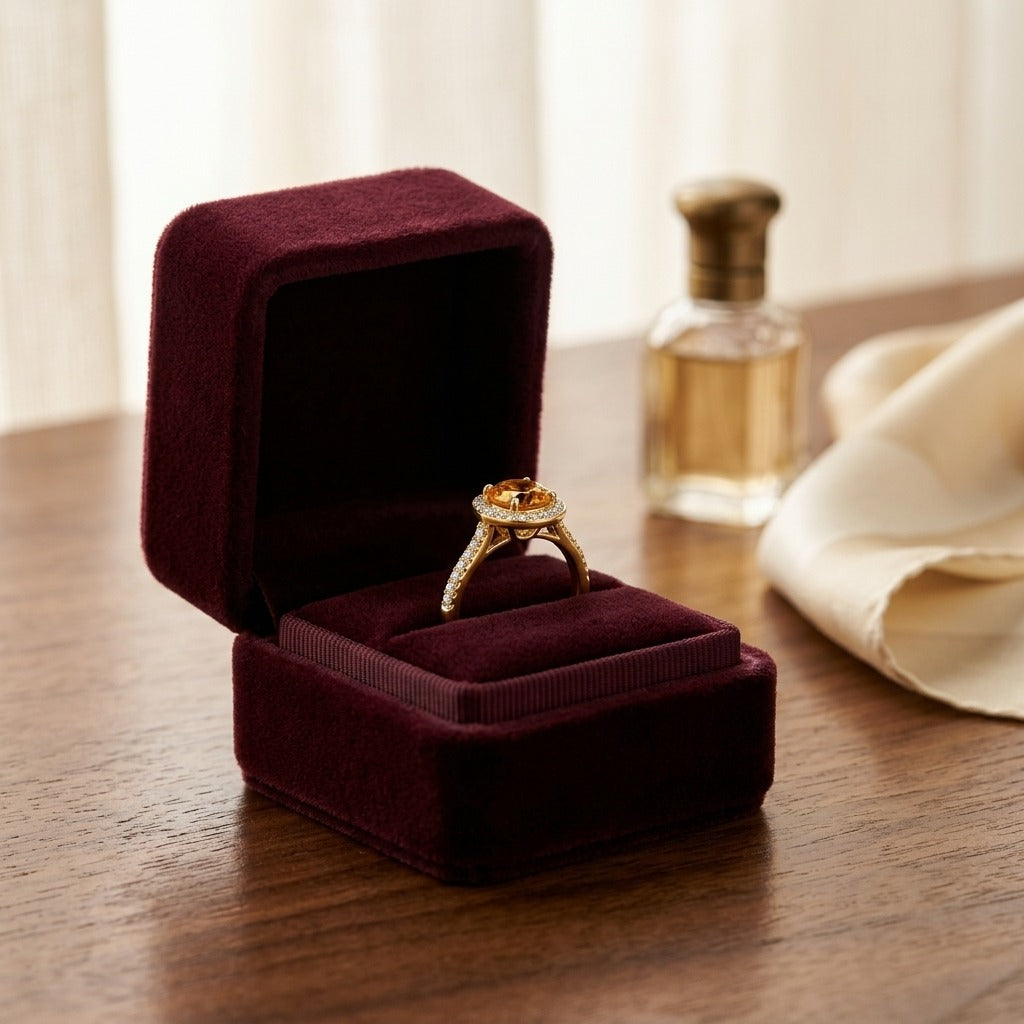 Citrine And Diamond Halo Ring In 14k Yellow Gold 1/4ctw — velvet box