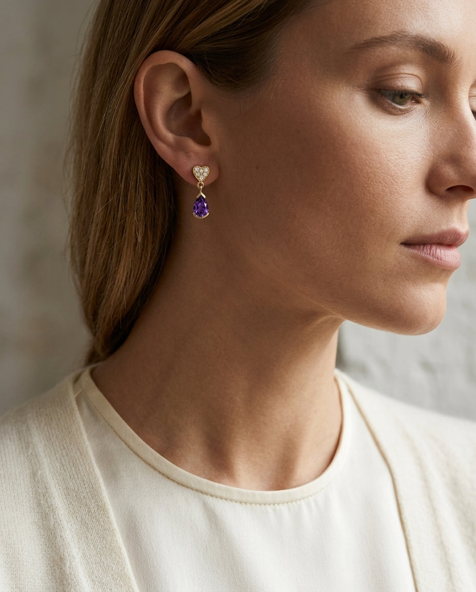 Amethyst And Diamond Drop Earrings In 14k Yellow Gold — editorial close-up