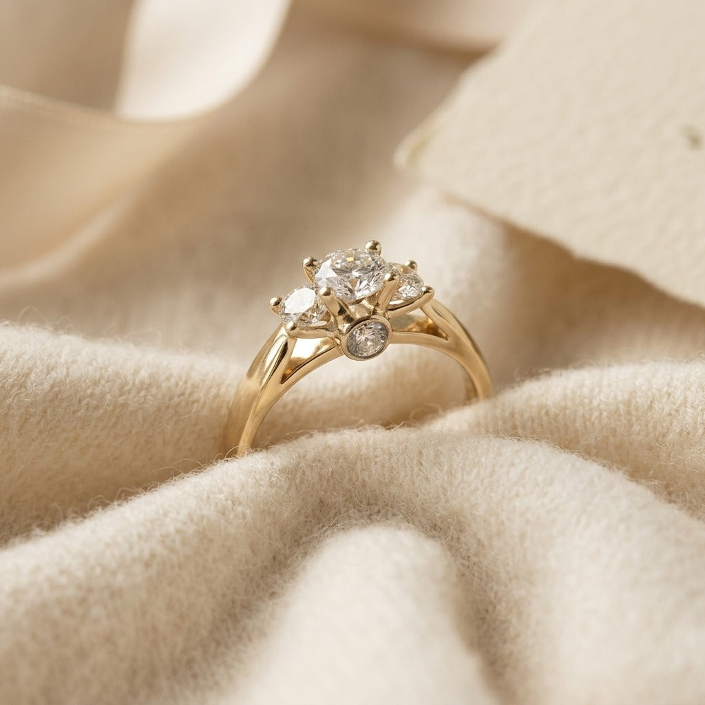 Diamond 3 Stone Bezel Shank Ring In 14k Yellow Gold (1 1/6 Ctw) — textile flat lay