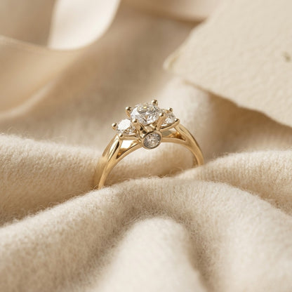 Diamond 3 Stone Bezel Shank Ring In 14k Yellow Gold (1 1/6 Ctw) — textile flat lay