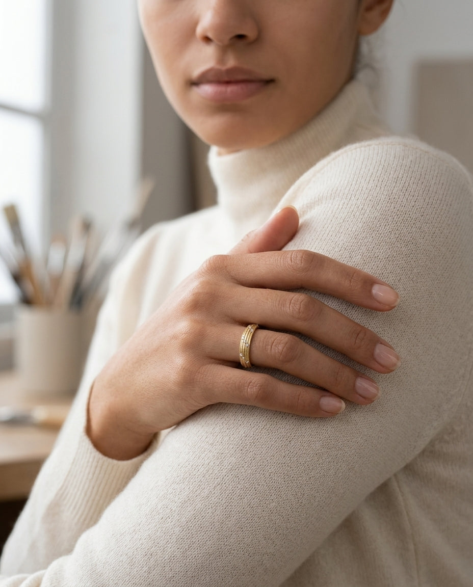 Diamond Striated Stackable Band In 14k Yellow Gold — editorial close-up