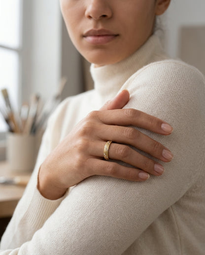 Diamond Striated Stackable Band In 14k Yellow Gold — editorial close-up