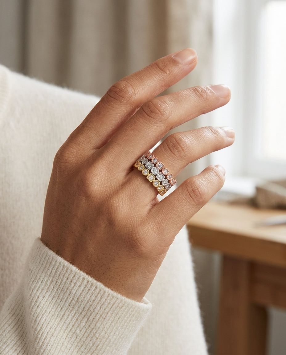 Diamond Milgrained Stackable Band In 14k Yellow Gold — editorial close-up
