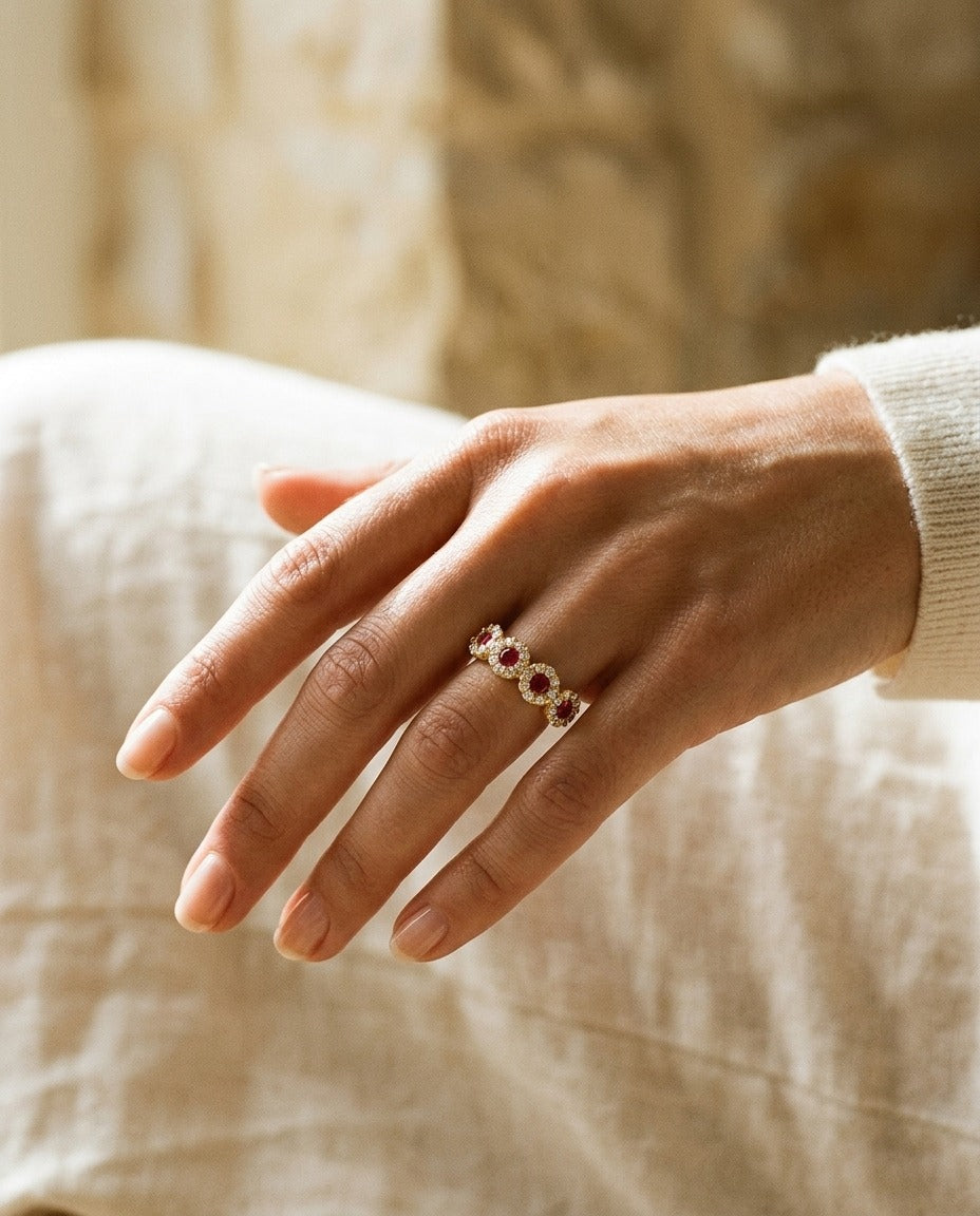 Ruby and Diamond 4-Halo Band in 14k Yellow Gold (4mm) — portrait close