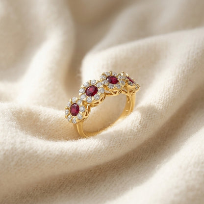 Ruby and Diamond 4-Halo Band in 14k Yellow Gold (4mm) — textile flat lay
