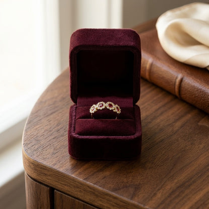 Ruby and Diamond 4-Halo Band in 14k Yellow Gold (4mm) — velvet box