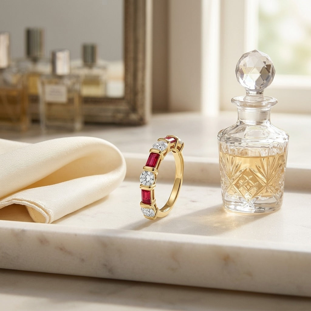 Ruby Baguette Alternating Channel Diamond Band In 14k Yellow Gold — marble silk