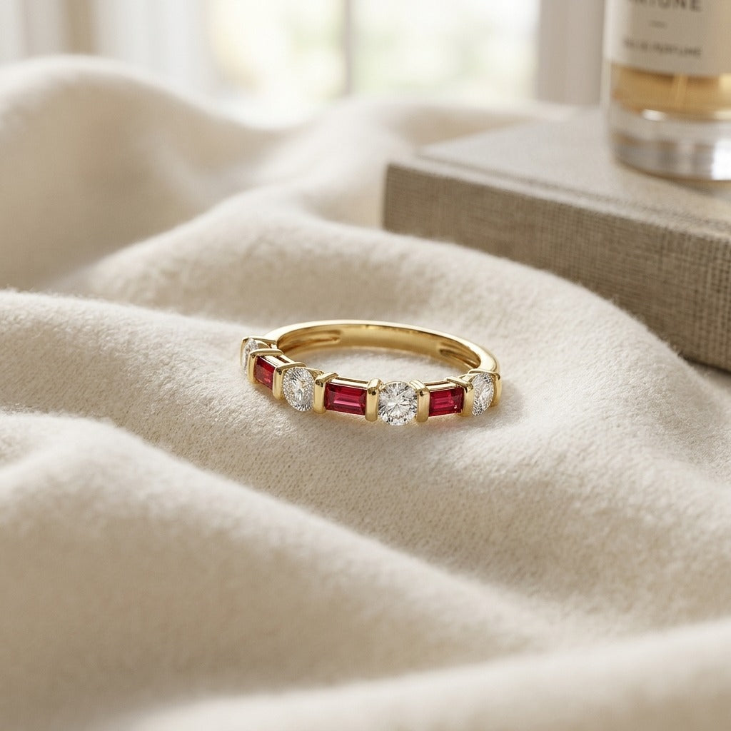 Ruby Baguette Alternating Channel Diamond Band In 14k Yellow Gold — textile flat lay