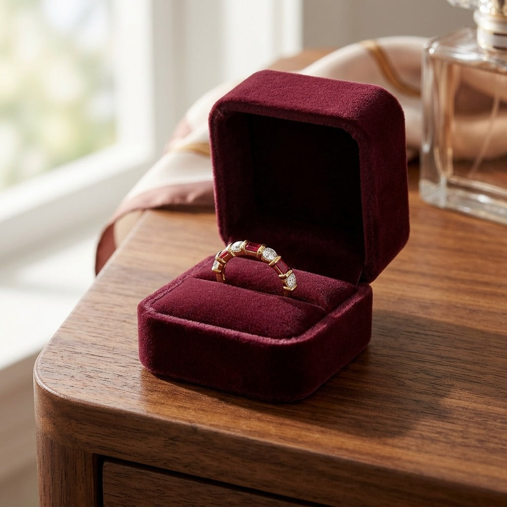 Ruby Baguette Alternating Channel Diamond Band In 14k Yellow Gold — velvet box