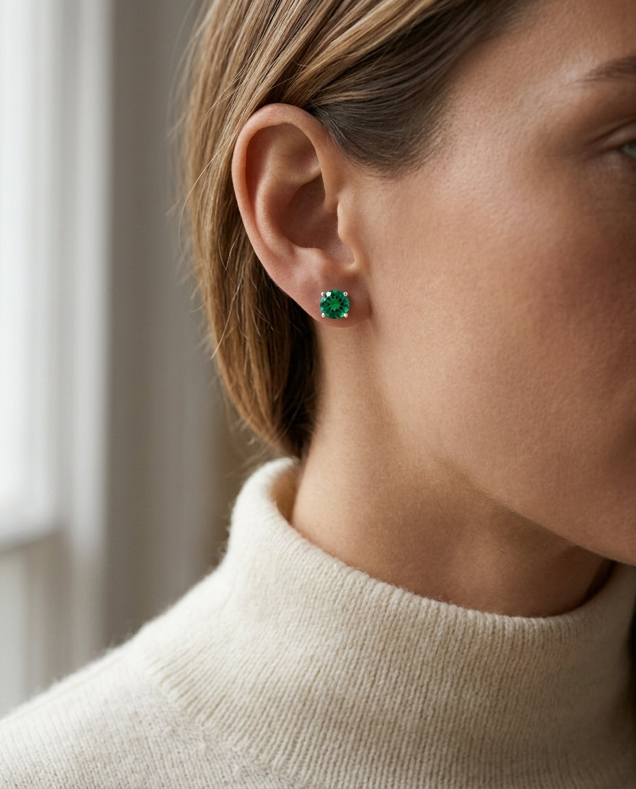 Created Emerald Round 4-Prong Stud Earrings with Screwbacks 6mm in 14K Yellow Gold - lifestyle