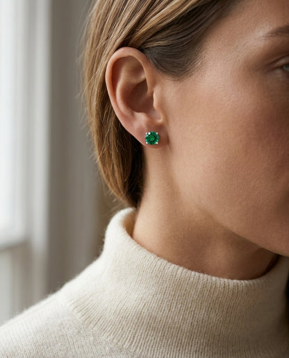 Created Emerald Round 4-Prong Stud Earrings with Screwbacks 6mm in 14K Yellow Gold - lifestyle